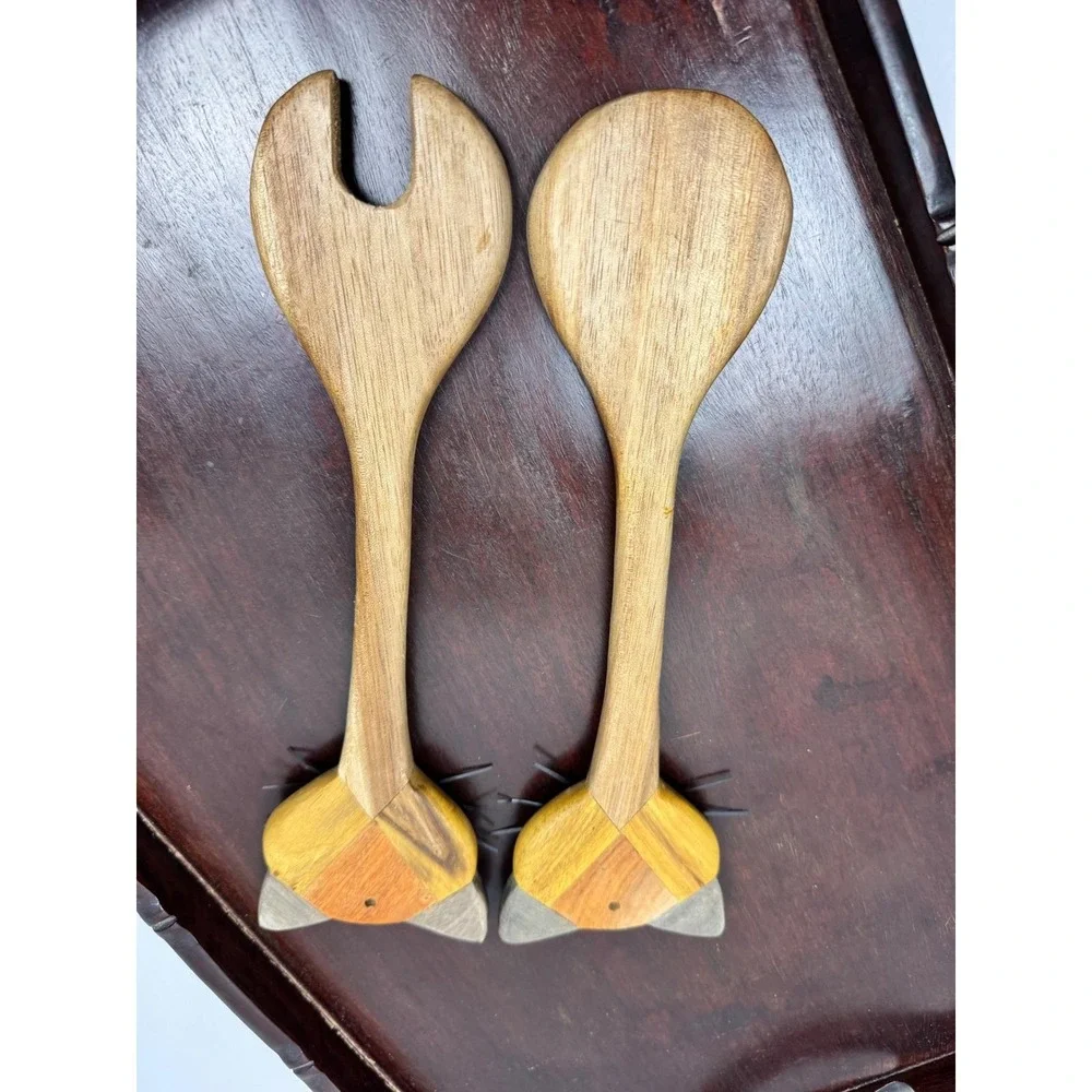 Vintage Cuba Hand Carved Wood Cat Salad Server Set Inlay Wooden Spoon Fork 10in